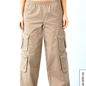 taupe draped low rise pull on wide leg cargo